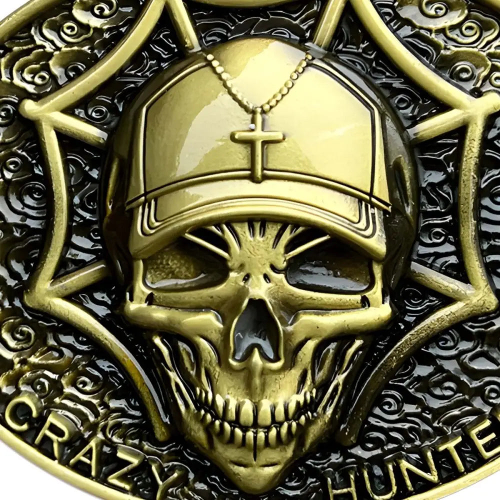 Gold skull belt buckle with baseball cap and cross necklace for Crazy Hunter belt accessories