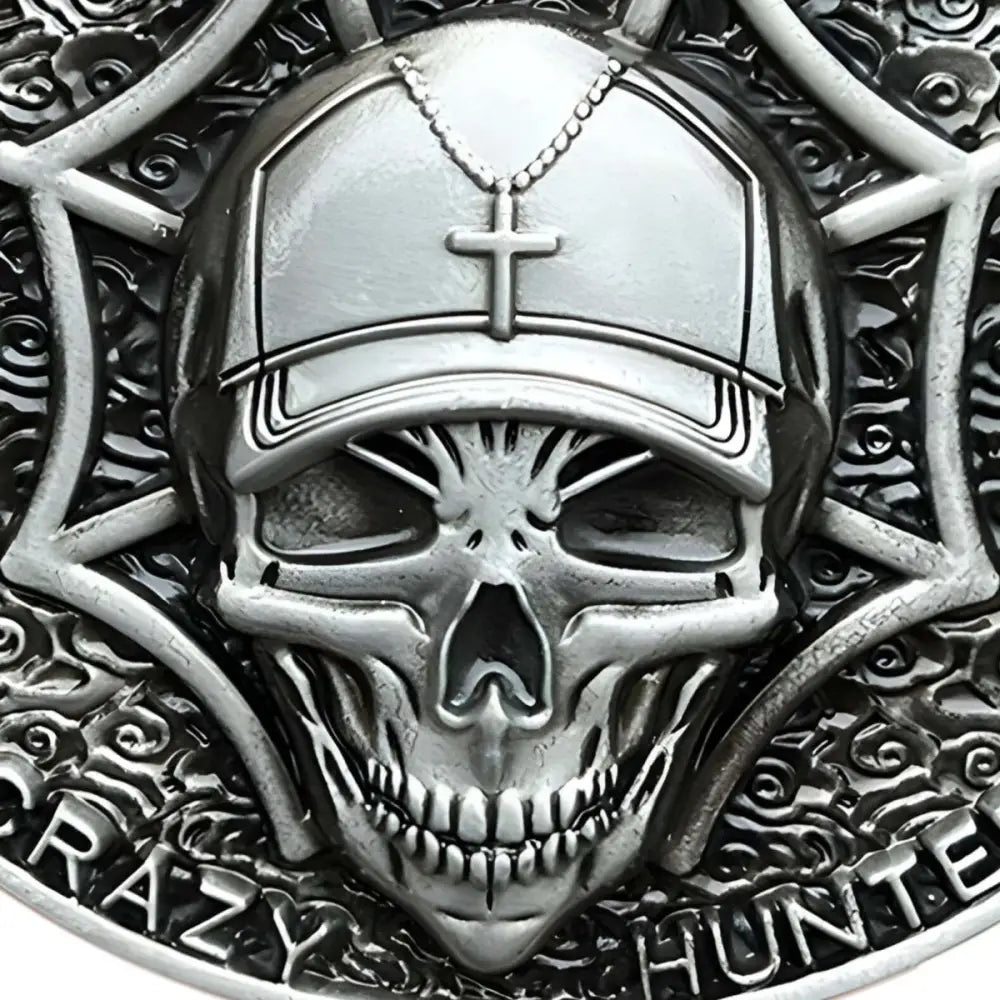 Silver skull belt buckle with cap and cross for Crazy Hunter belt accessories