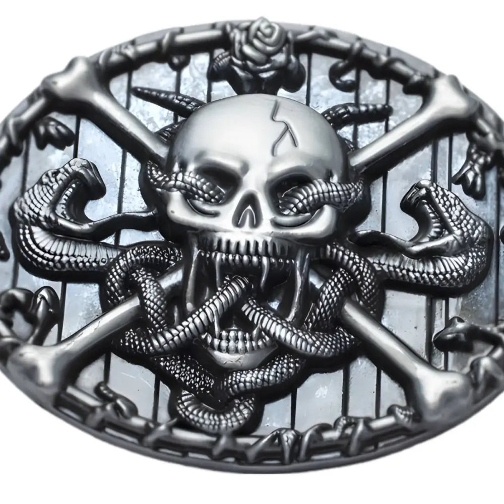 Silver skull and snake belt buckle for Eternity Belts, a stylish eternity belt buckle accessory