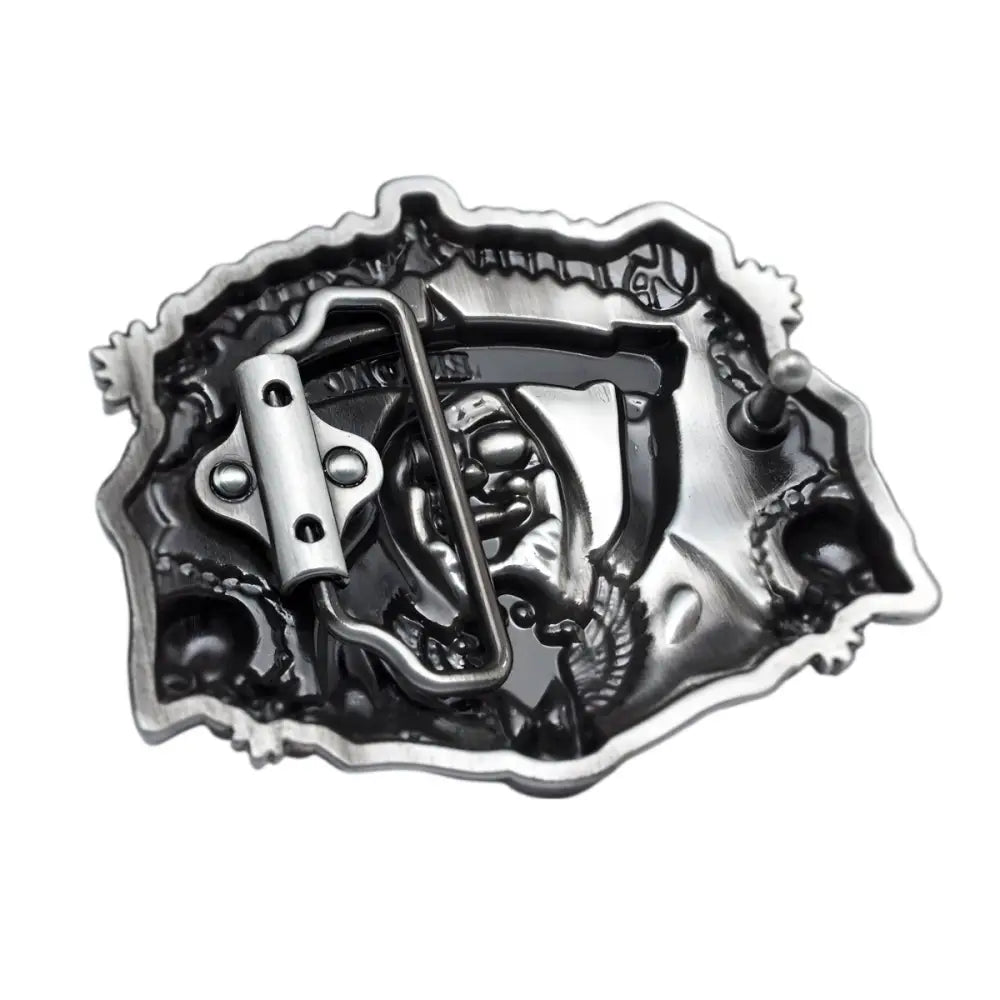 Metal grim reaper belt buckle featuring Akia Grim Reaper skull design for gothic style