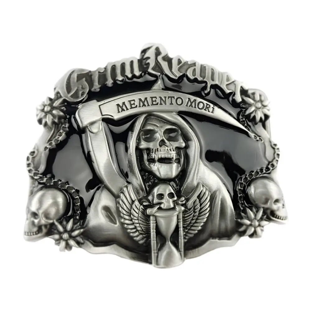 Akia Grim Reaper belt buckle featuring a detailed grim reaper skull design
