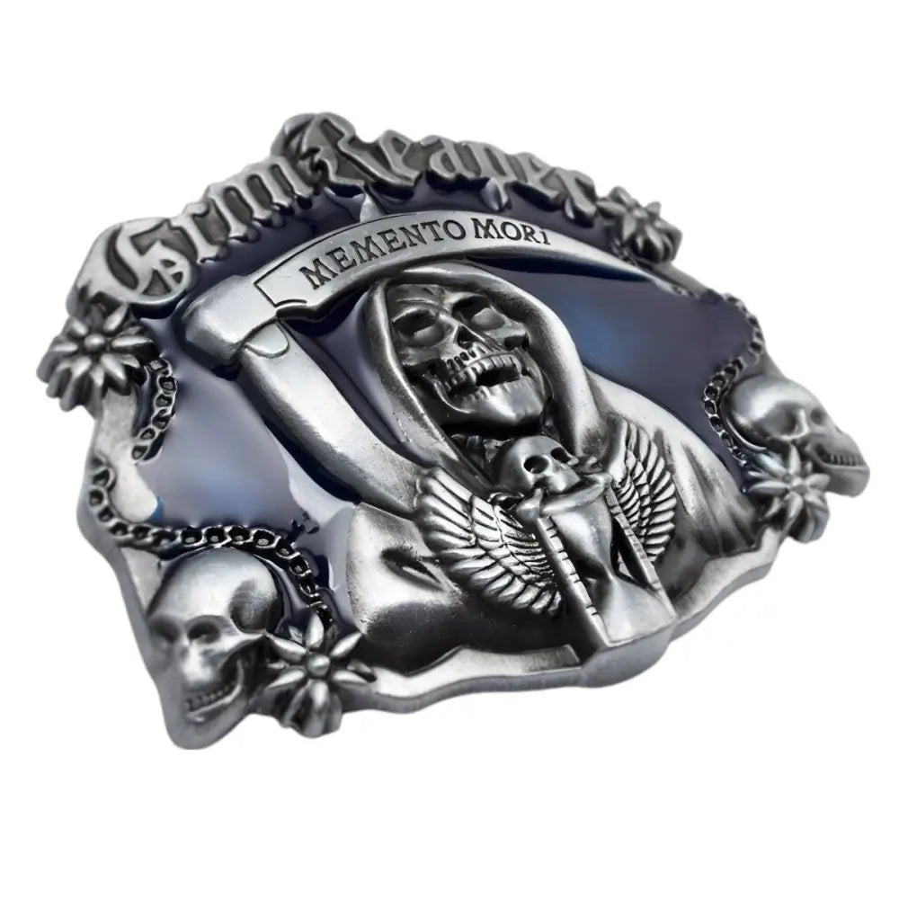 Silver-colored Akia Grim Reaper belt buckle with grim reaper skull design for edgy style