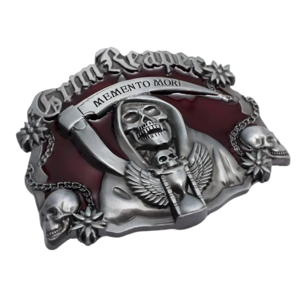 Akia Grim Reaper belt buckle featuring a detailed grim reaper skull design