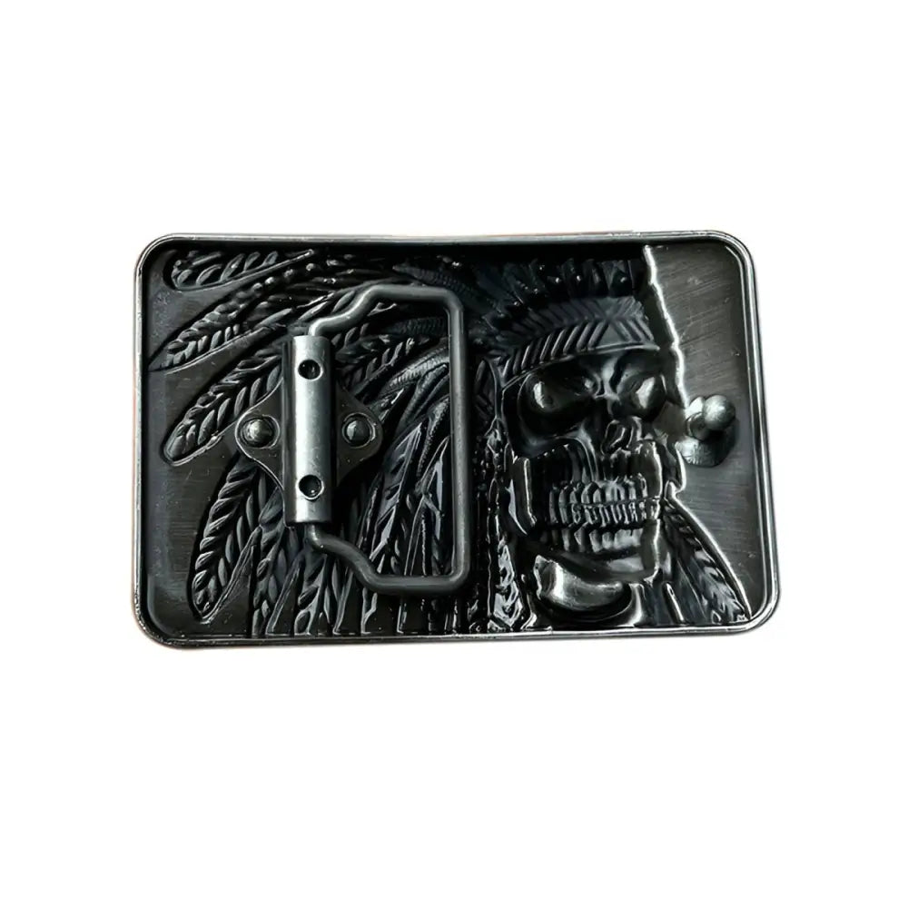 Alonzo Indian Skull belt buckle with Native American headdress design and skull motif