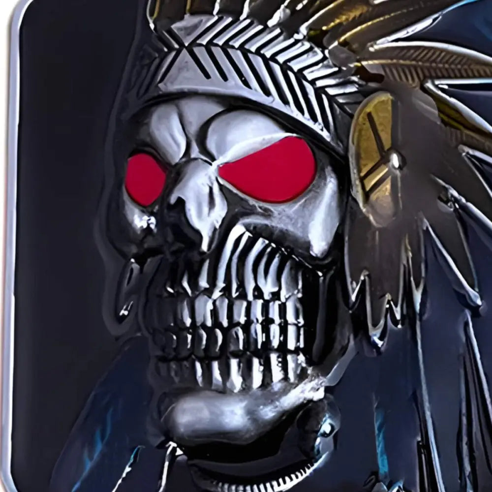 Metallic Skull Belt Buckle featuring Native American Headdress with glowing red eyes