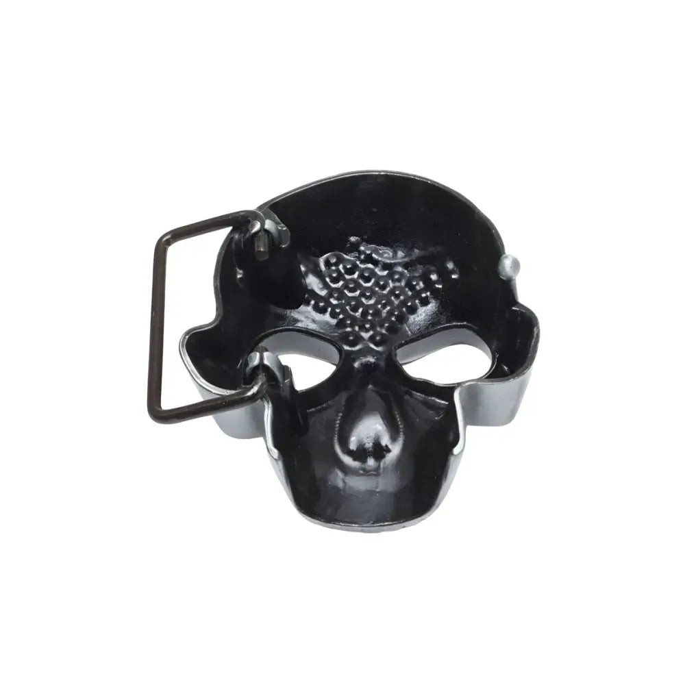 Metallic Skull Belt Buckle with Stitched Details and Mask Design, featuring a skull-shaped buckle