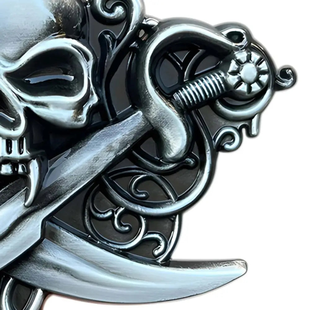 Silver skull and crossed swords emblem on Corsair belt buckle suitable for belt accessories