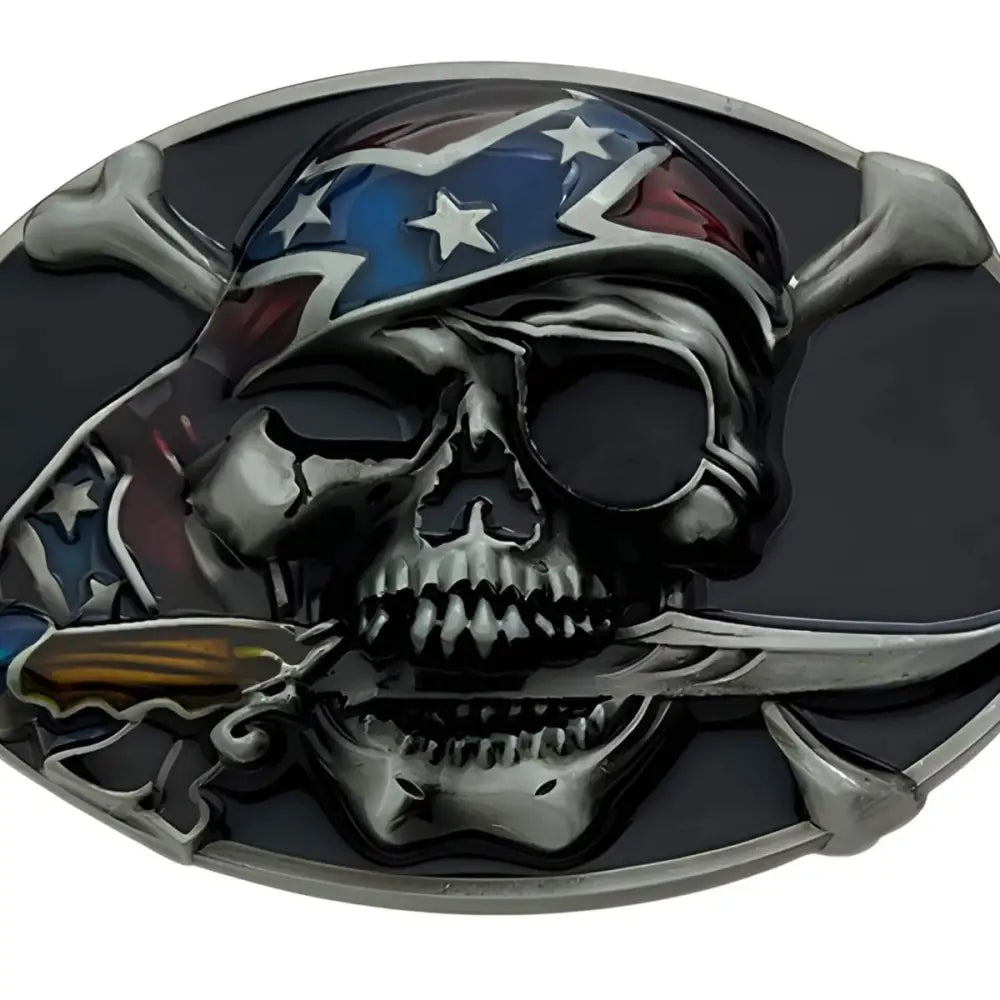 Jasper Skull Belt Buckle with Confederate Flag Bandana and Dagger for bold style