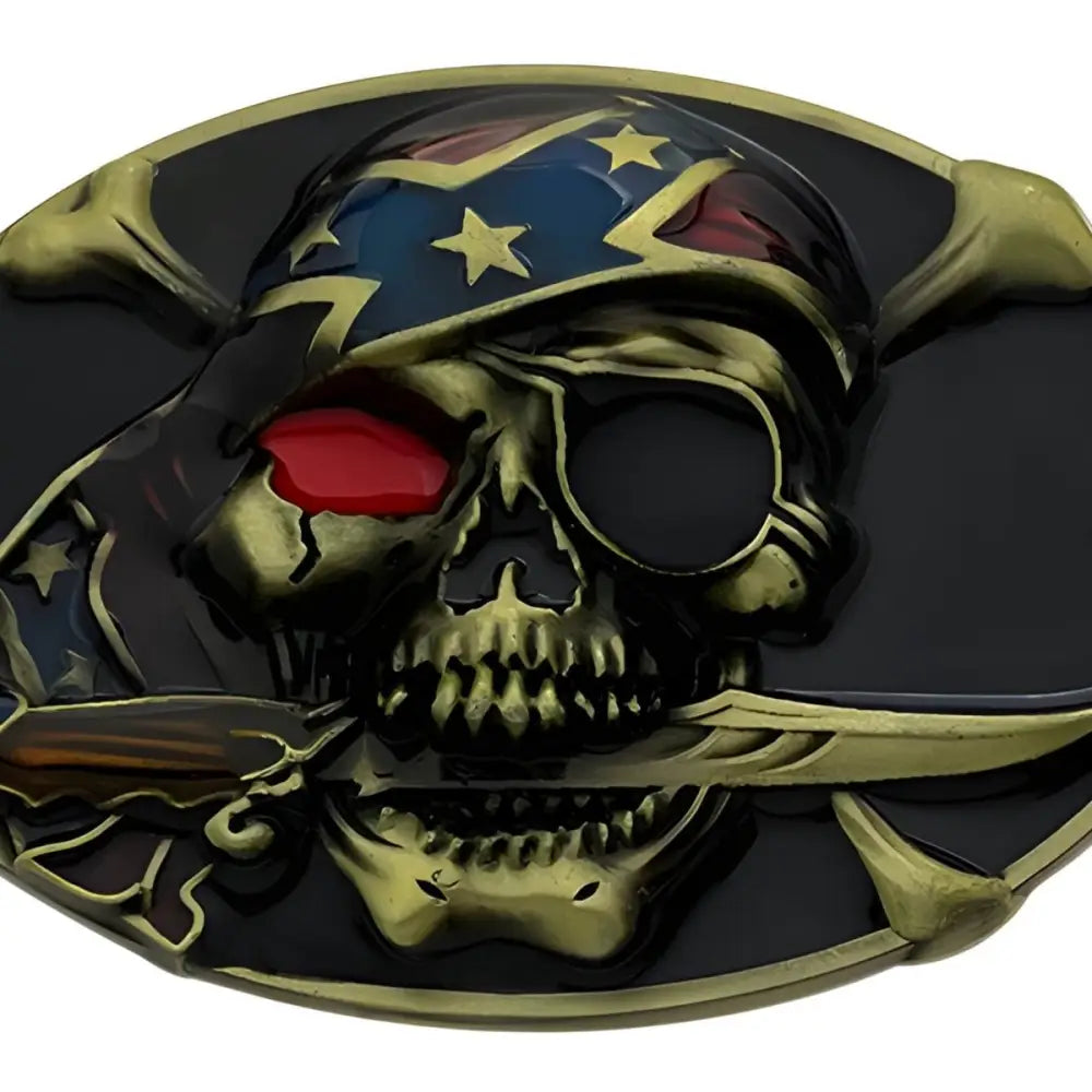 Jasper skull belt buckle with skull and crossbones design, Confederate Flag bandana, and dagger