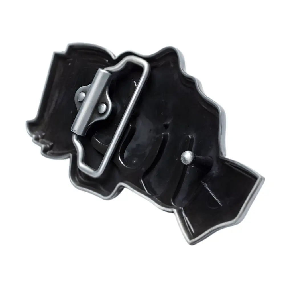 Black gun-shaped belt buckle featuring the Silver Berton Skull Buckle with Skull and Money Design