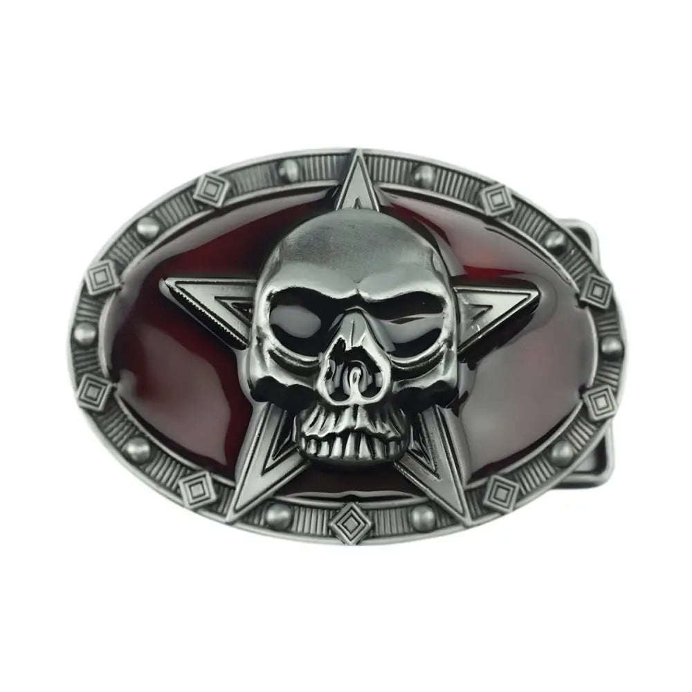 Silver skull and star belt buckle with pentagram design for Western or gothic fashion