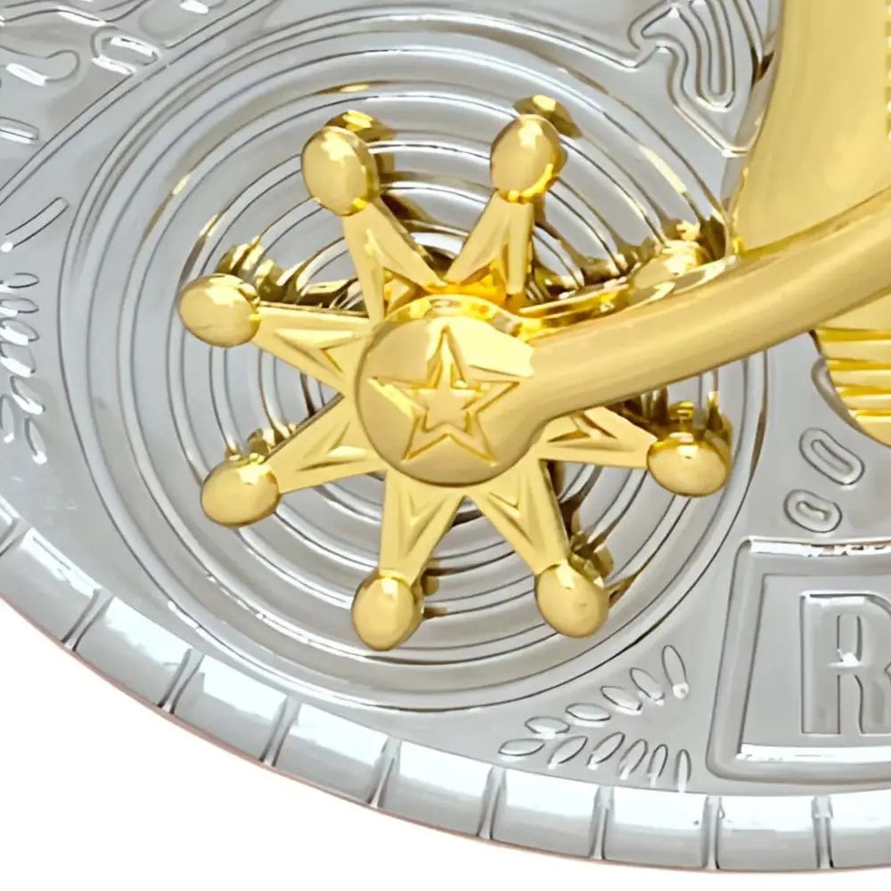 Gold and silver sheriff star on an oval Rodeo Belt Buckle displayed in the product image