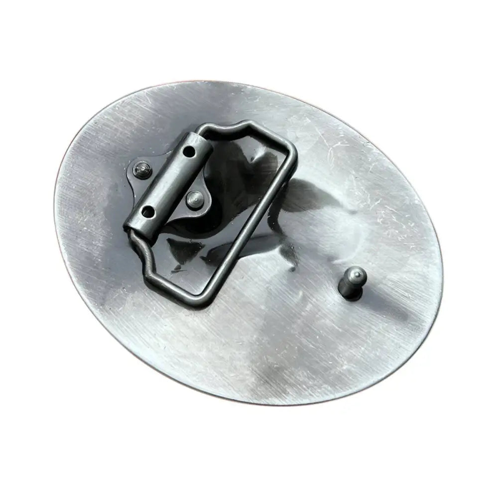 Oval metal belt buckle back of Silver Cowboy Riding a Bucking Horse belt buckle
