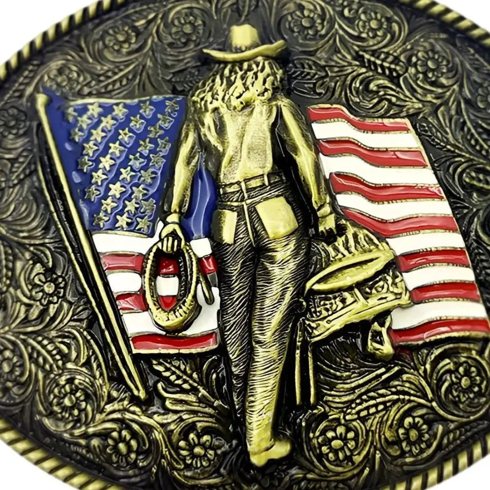 Ornate cowboy belt buckle featuring American flag and cowgirl design for western style