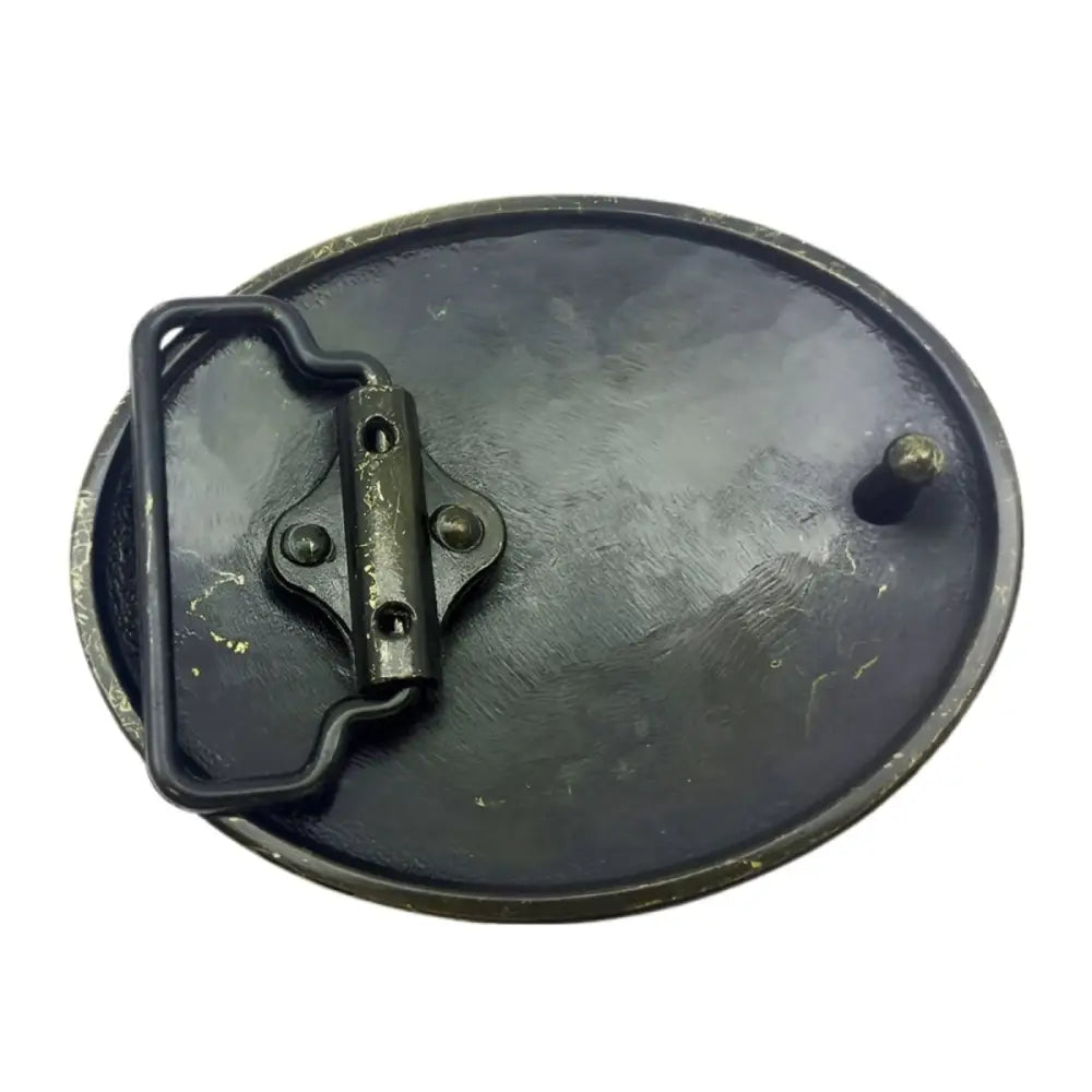 Oval metal belt buckle featuring American Flag and Cowgirl design for Western fashion