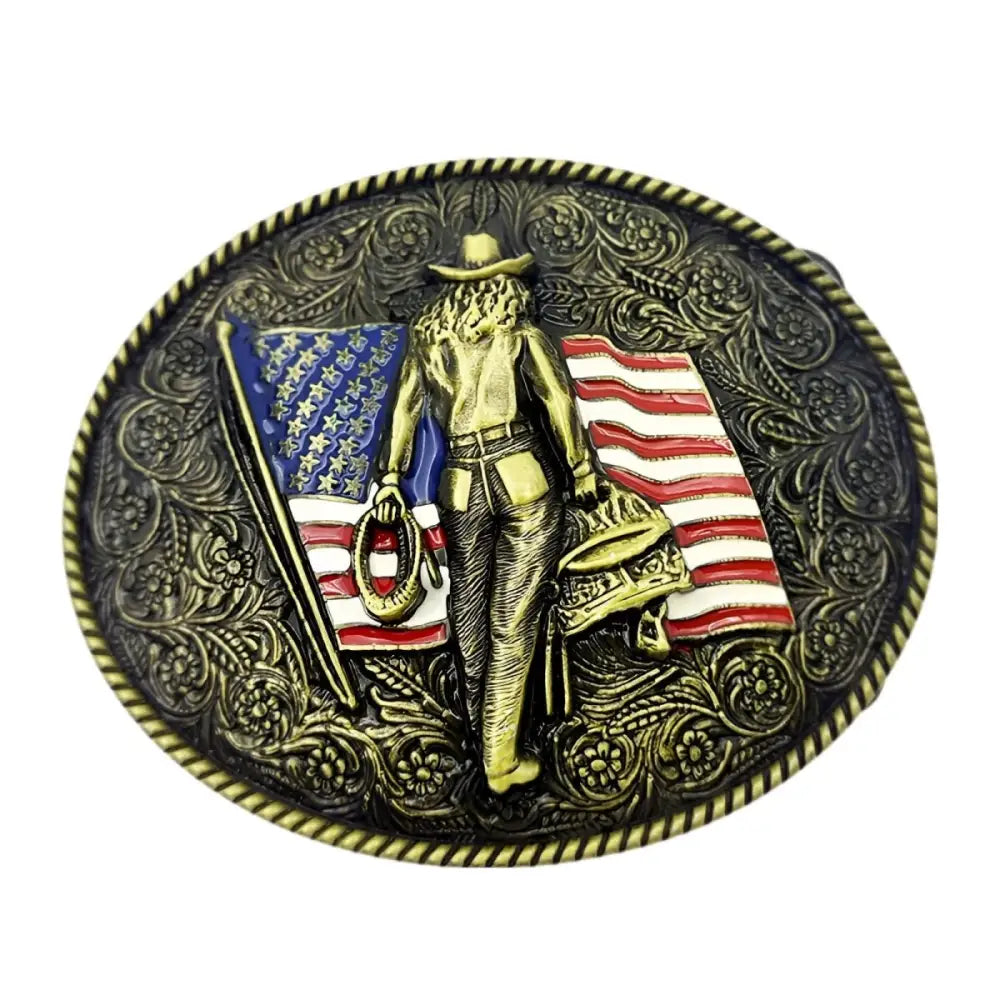 Oval belt buckle featuring a Cowgirl and American flag design for authentic Western style