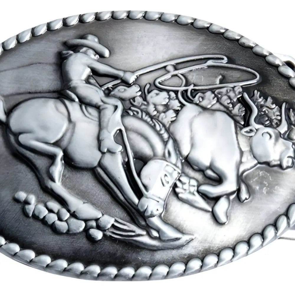 Silver Rodeo Belt Buckle featuring a detailed cowboy and bull design
