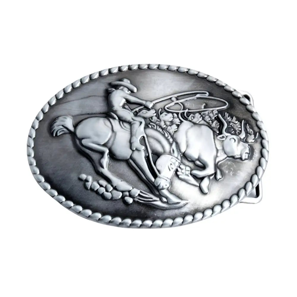 Silver Rodeo Belt Buckle featuring a detailed Cowboy and Bull design