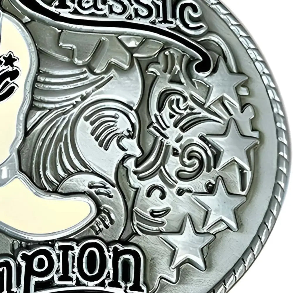 Ornate silver belt buckle from Cowboy Classic Champion Western Style collection