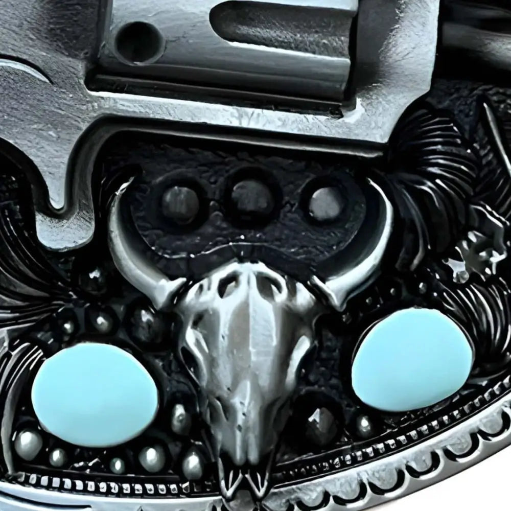 Silver belt buckle with steer skull and turquoise accents for Western belt accessories