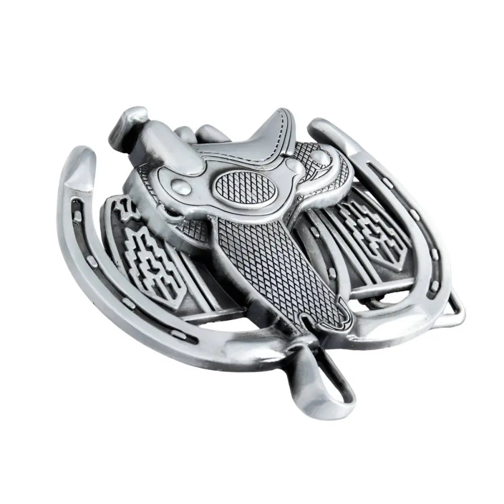 Silver horseshoe and saddle belt buckle set for Western style belt accessories