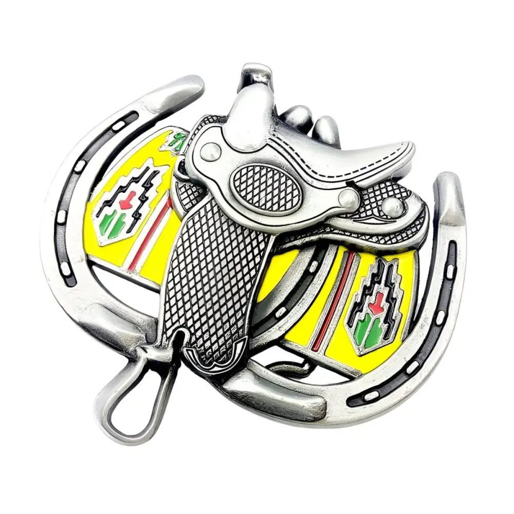 Silver horseshoe and saddle belt buckle set for western cowboy attire