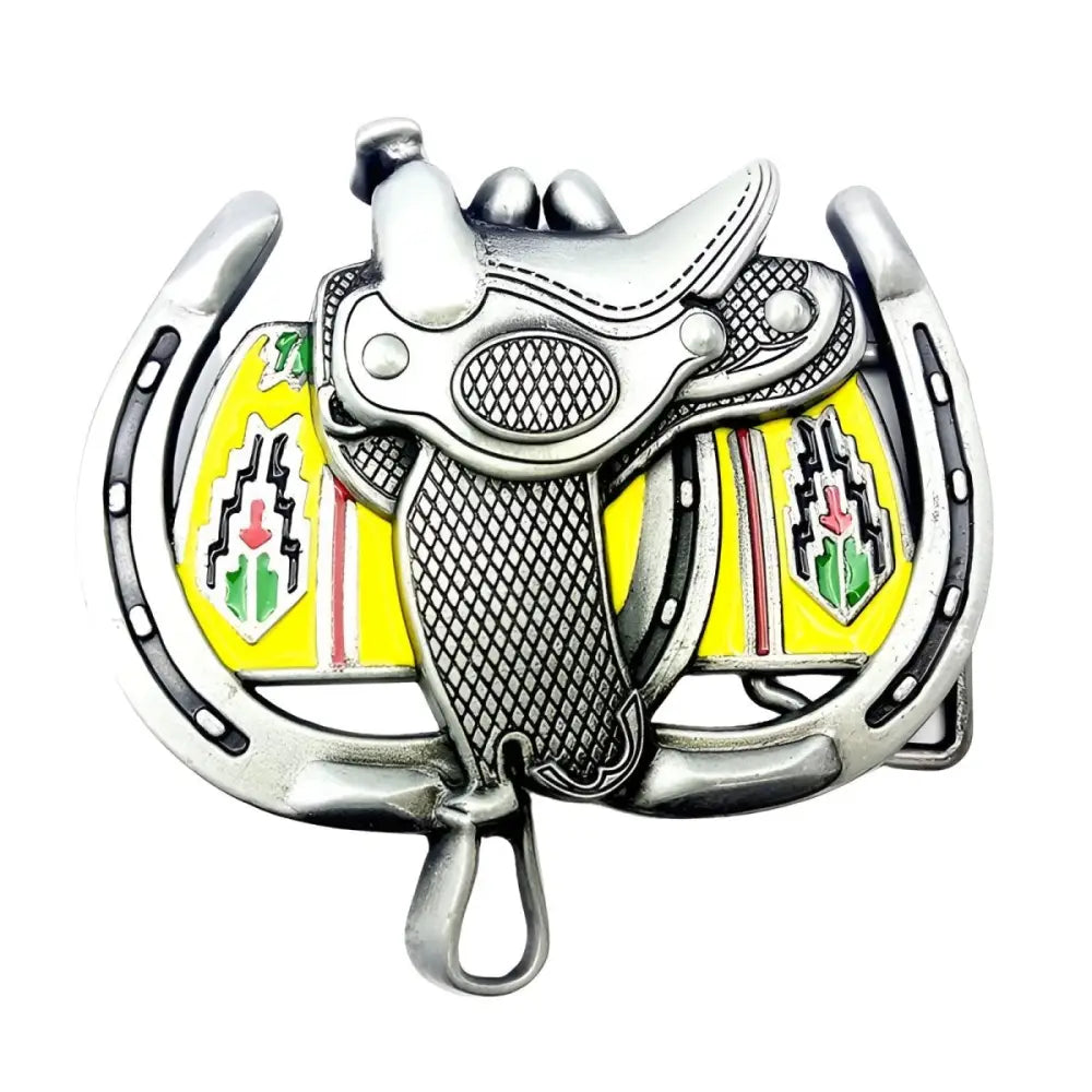 Silver horseshoe and saddle belt buckle set showcasing a stylish and durable belt buckle