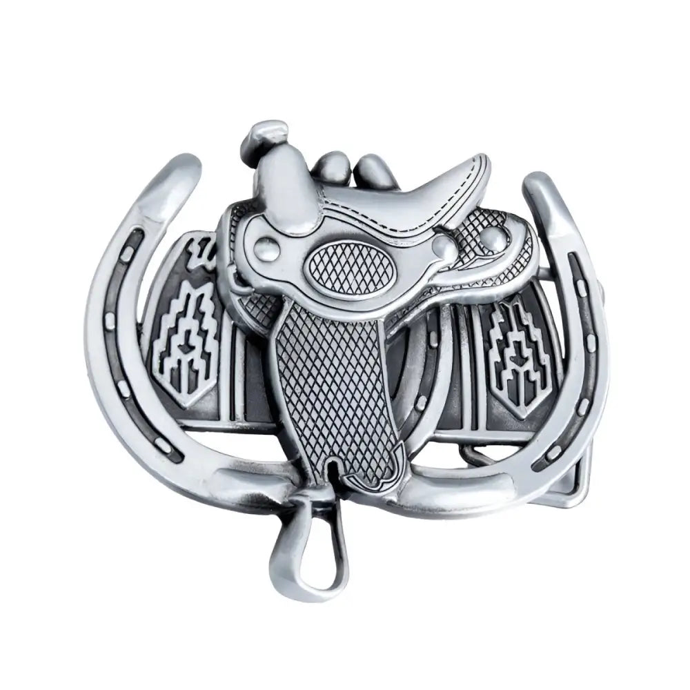 Silver saddle and horseshoe belt buckle set for Western style accessories