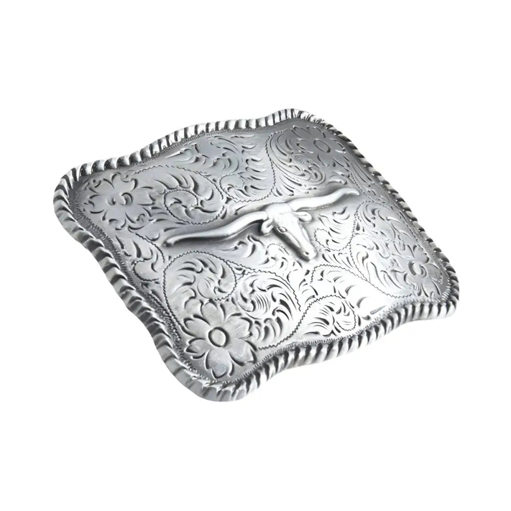 Silver belt buckle with longhorn and floral design for Western Westernwear accessories