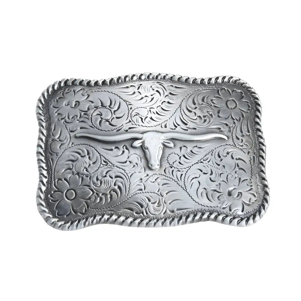 Silver belt buckle with longhorn and floral design, perfect for Western style attire