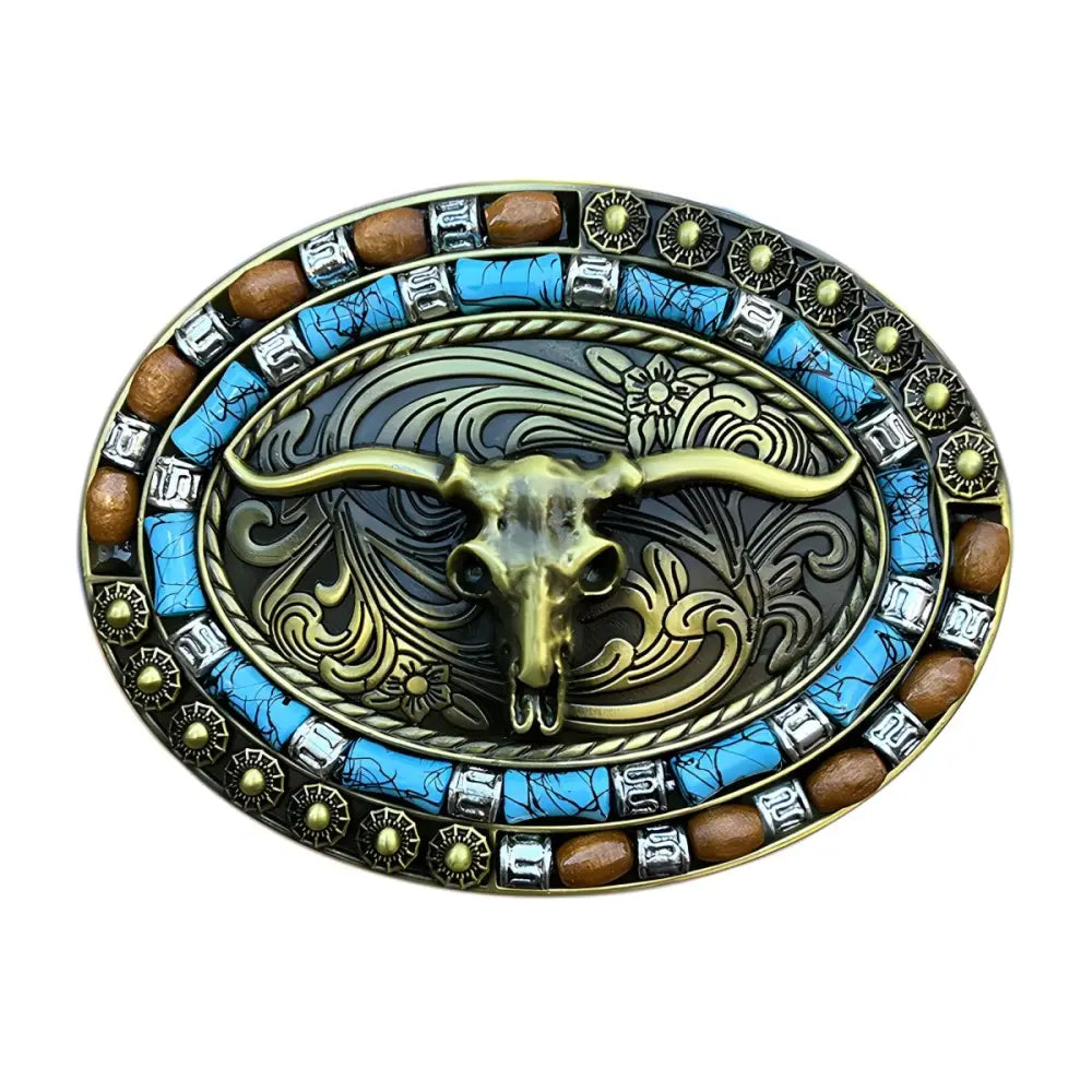 Oval belt buckle featuring a steer skull design for Western style fashion