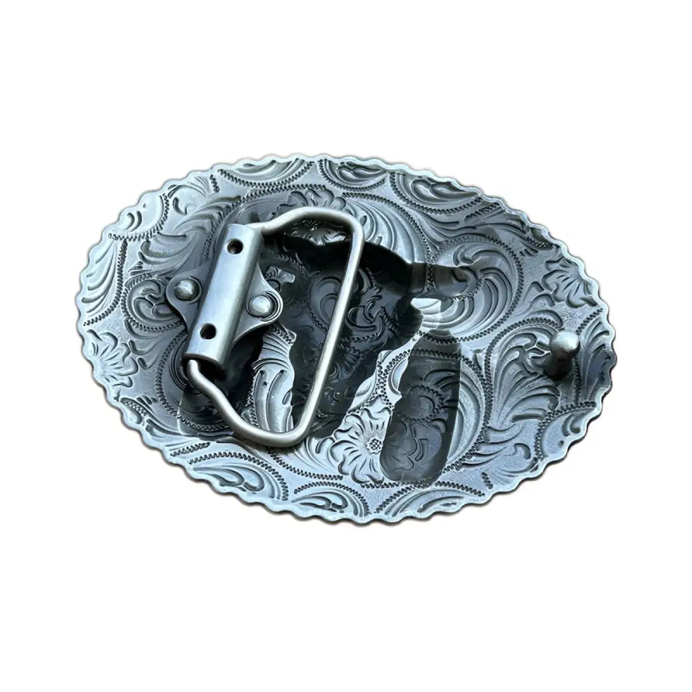 Ornate silver belt buckle featuring a Bull Skull design with feather accents