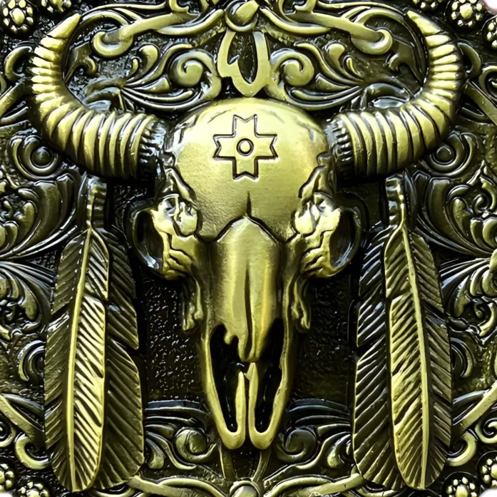 Silver-toned ornate bull skull belt buckle with feathers for Western fashion style