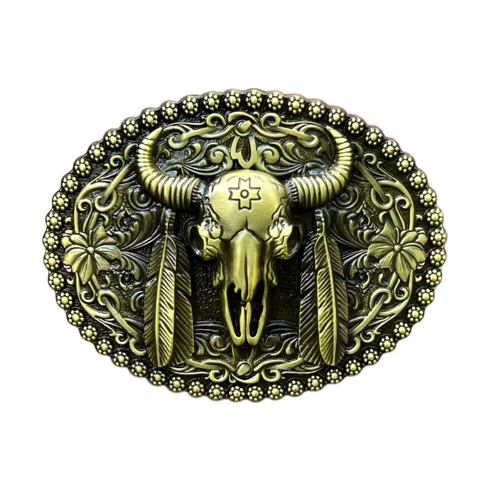 Silver-toned Ornate Bull Skull Belt Buckle with Feathers, Western Western accessory