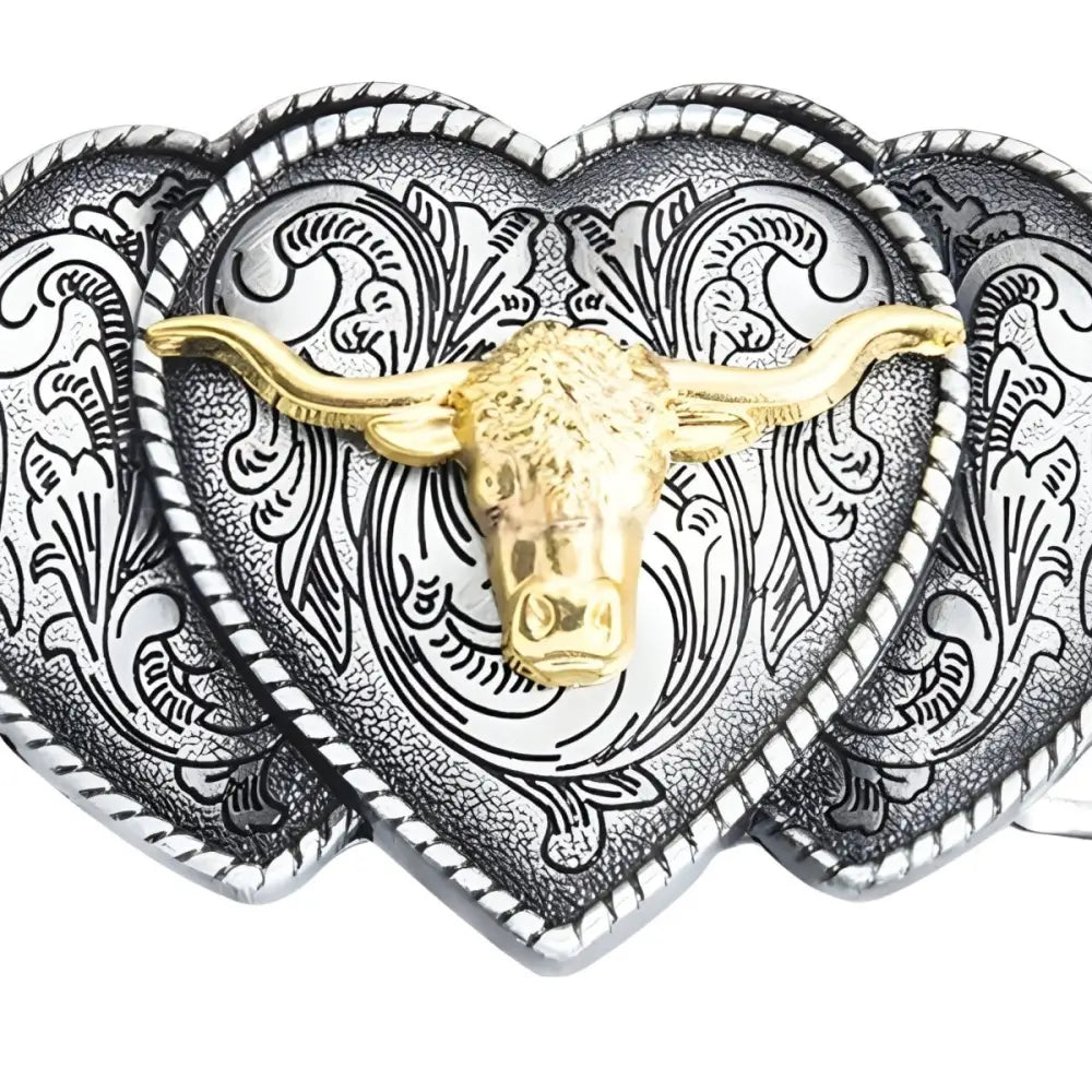 Silver Heart-Shaped Western Belt Buckle with Gold Longhorn Detail featuring bull head design