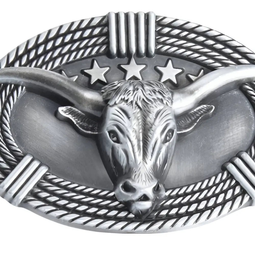 Silver longhorn belt buckle for Western Jess Belts, a stylish jess belt buckle accessory