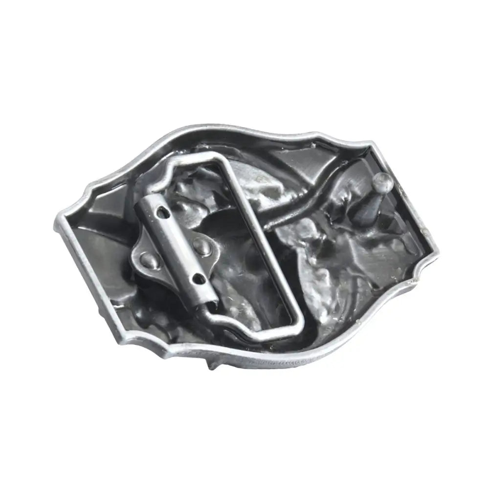 Silver belt buckle featuring a sleek Western design on a Silver Bull themed belt buckle with metal back