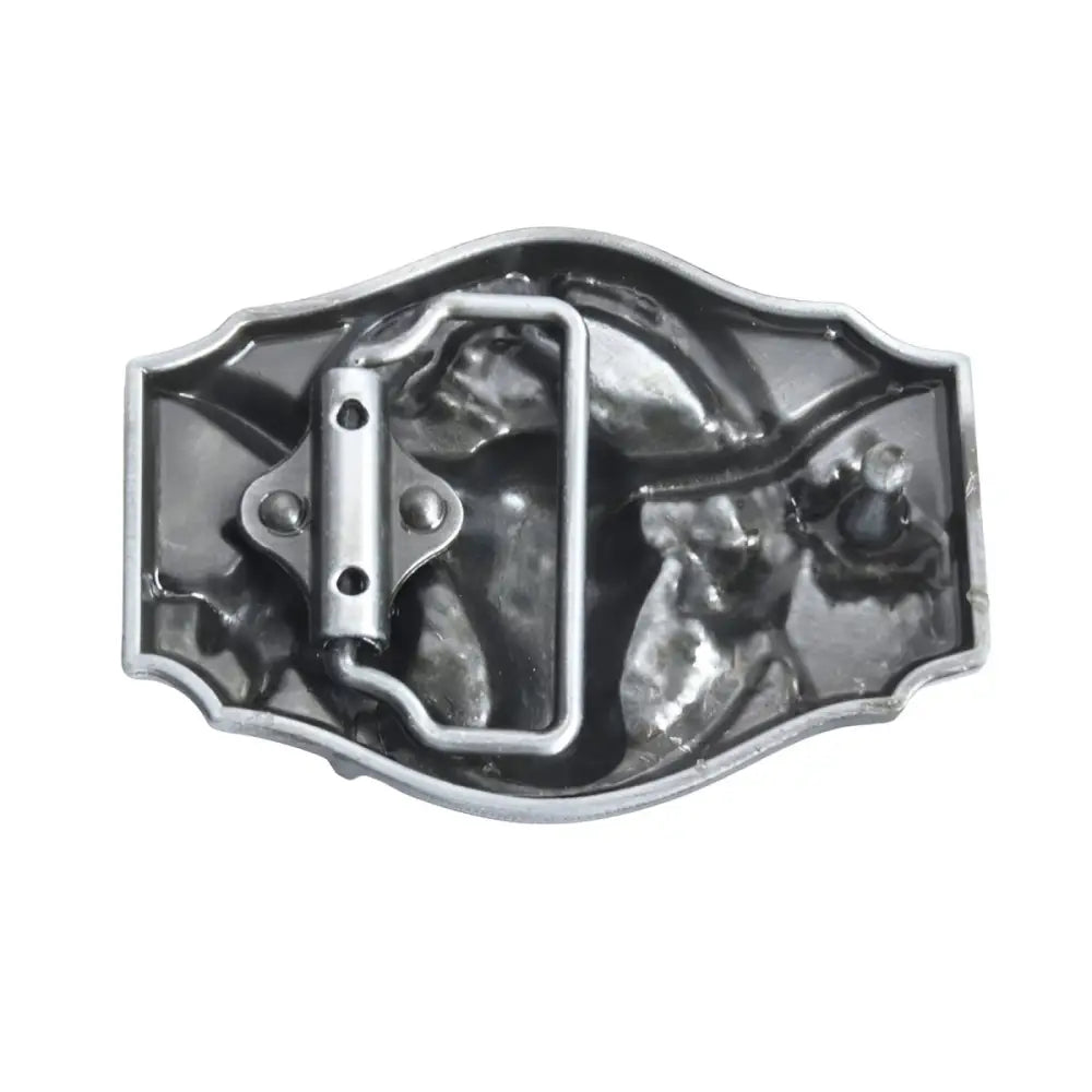 Silver Bull Themed Western Belt Buckle with Metal Back showing the belt buckle’s reverse side