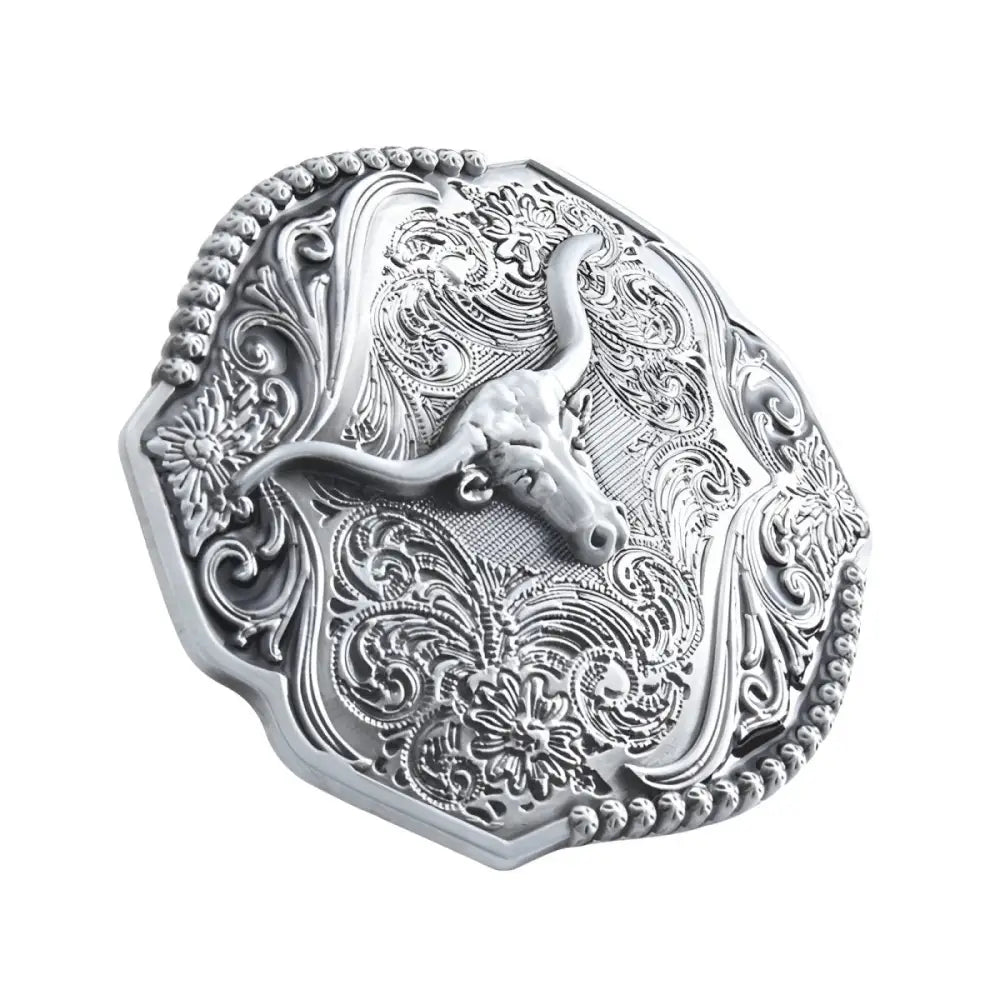 Silver belt buckle with steer head from Cyrus Belt Buckle collection for Cyrus Belt