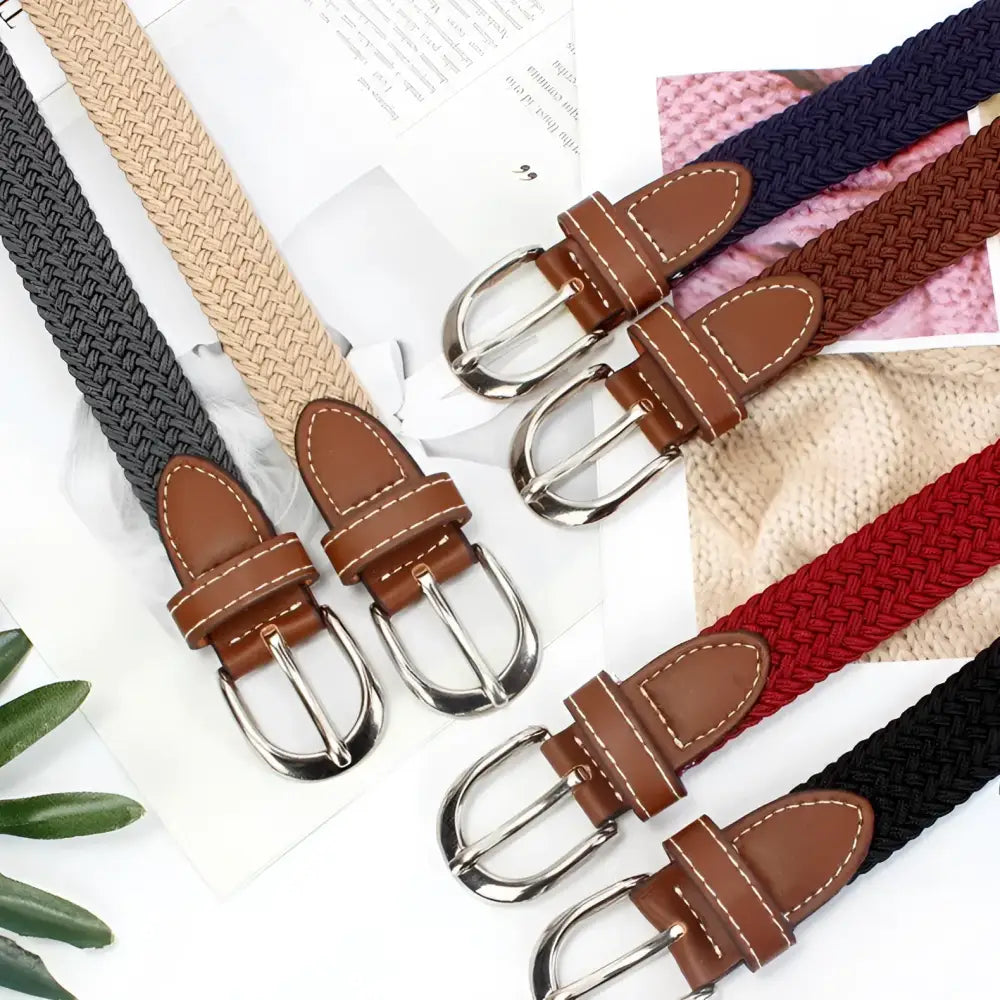 Braided elastic belt with leather and silver buckle for stylish clothing accessories