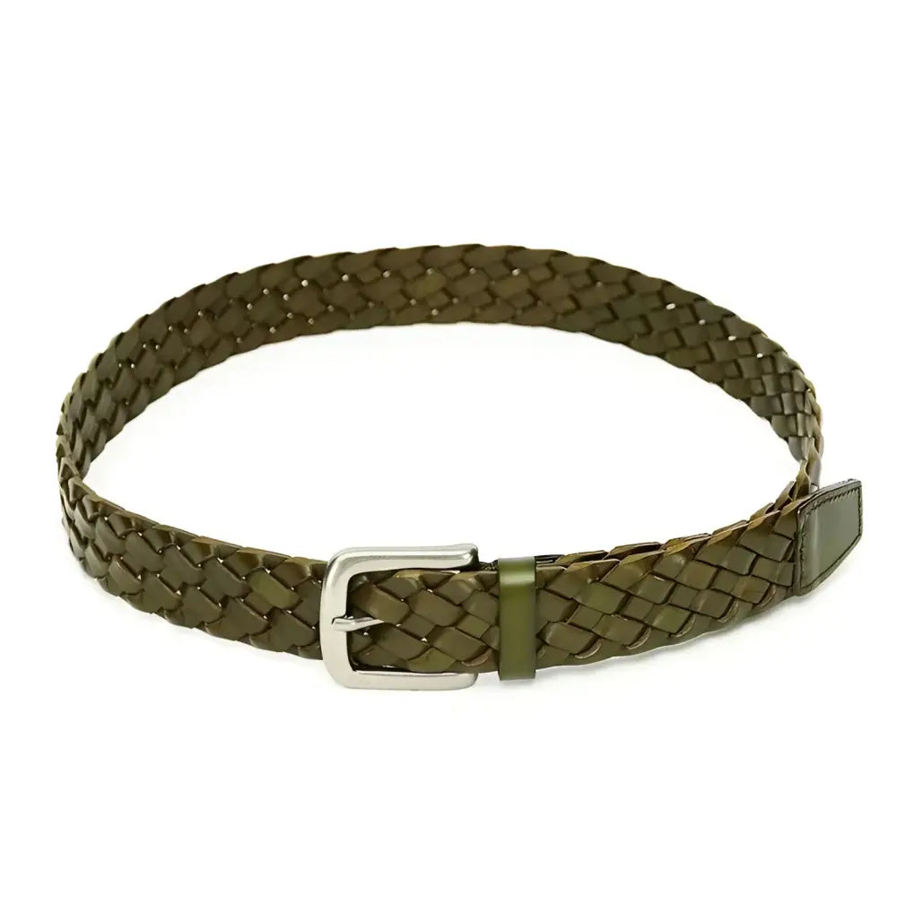 Braided green leather belt with metal buckle from Braided Leather Belts with Metal Buckles in Brown and Green