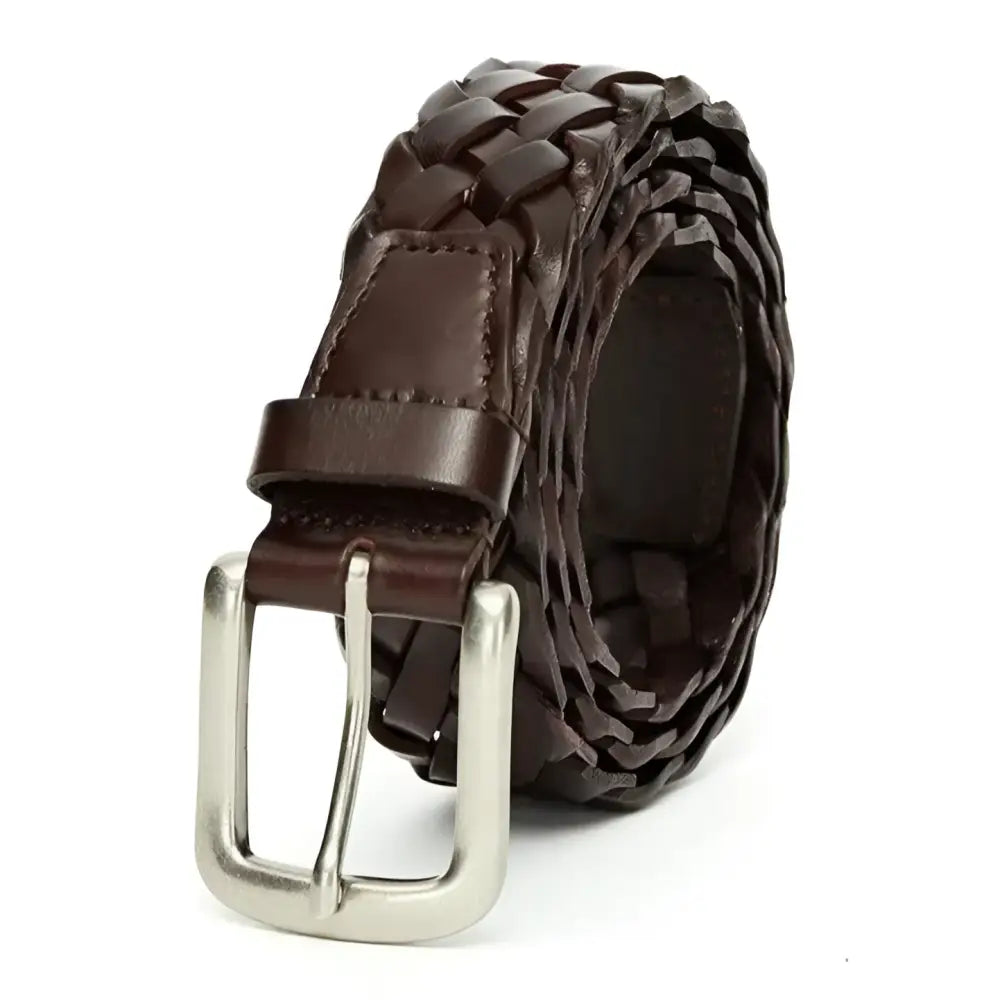 Brown braided leather belt with a silver buckle from Braided Leather Belts with Metal Buckles in Brown and Green