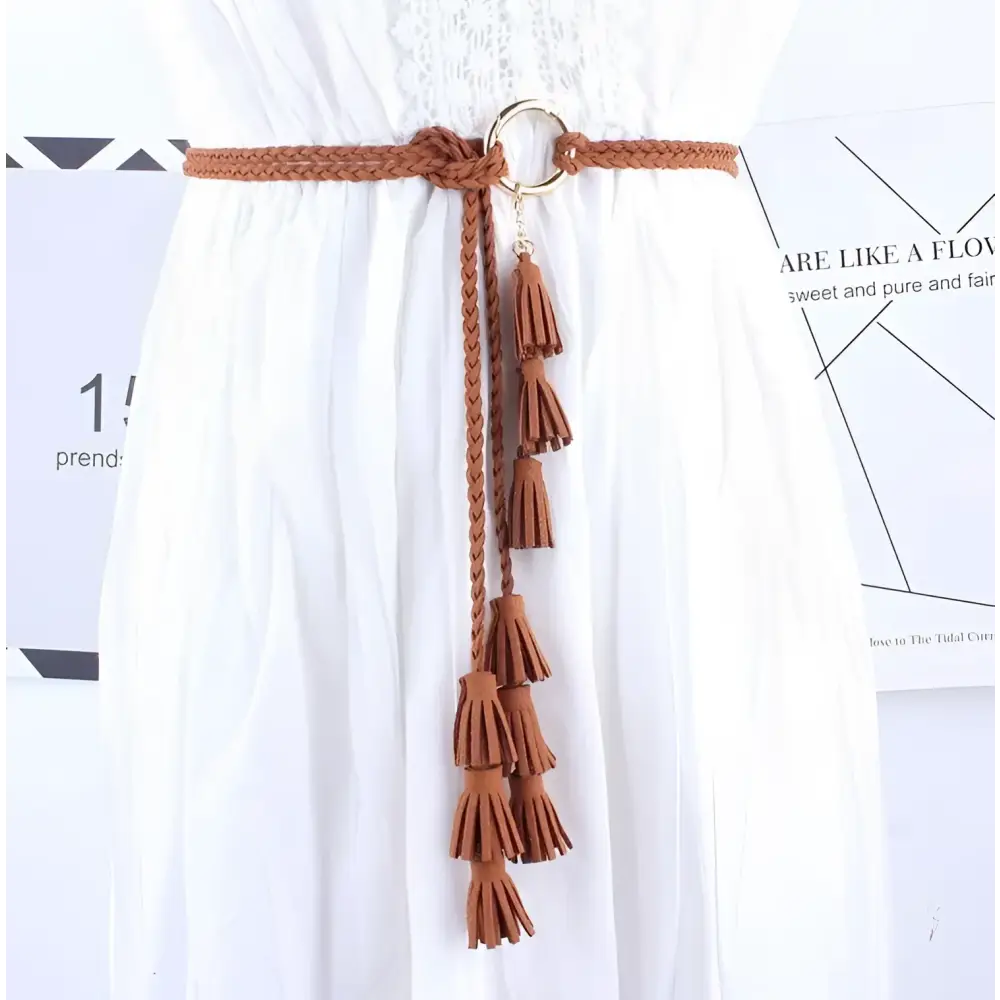 Brown braided tassel belt featured in Braided Tassel Necklaces and Belts in Brown