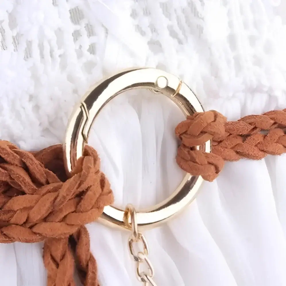 Braided brown belt with a gold ring from Braided Tassel Necklaces and Belts in Brown