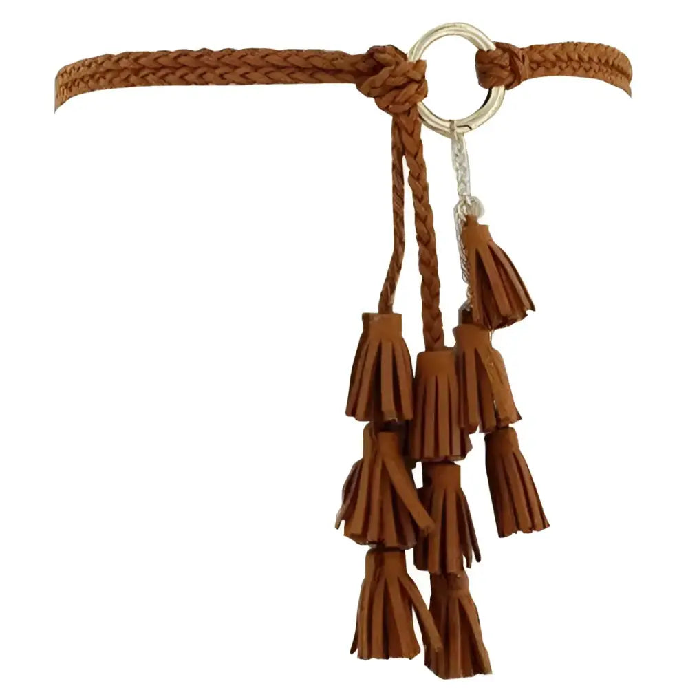 Brown braided belt with tassels featured in Braided Tassel Necklaces and Belts in Brown
