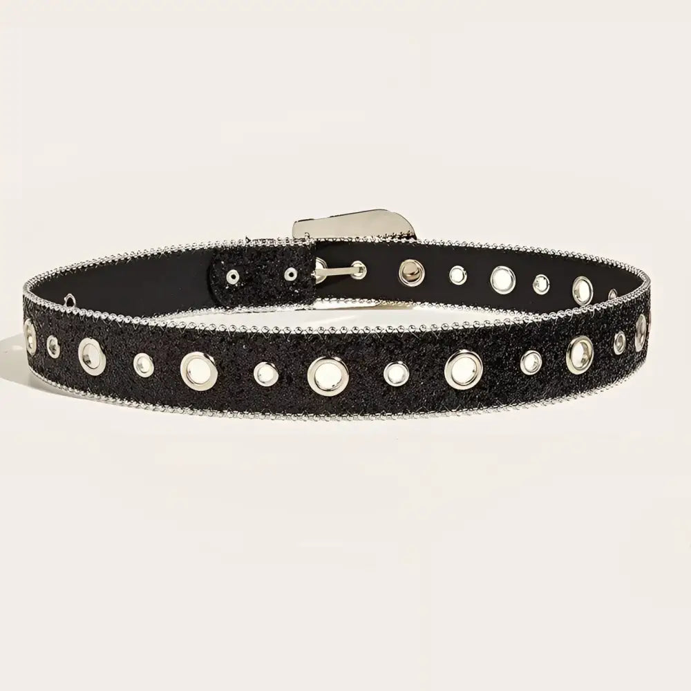 Black glitter belt with silver grommets for Briella Sequin Western fashion style