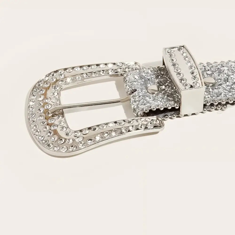 Rhinestone-studded silver belt buckle on Briella Sequin Western Belt for elegant style