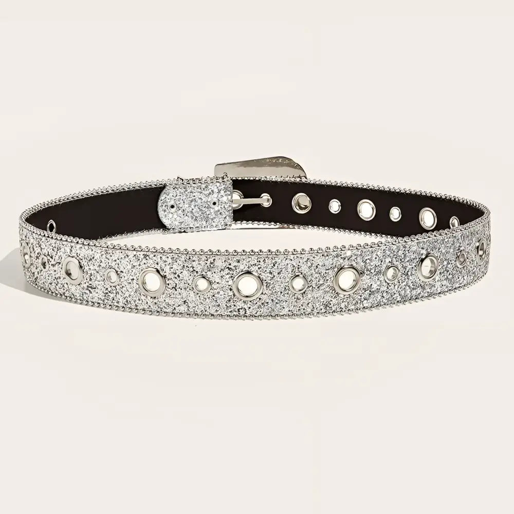 Sparkly silver Briella Sequin Western Belt with circular cutouts and rhinestone buckle