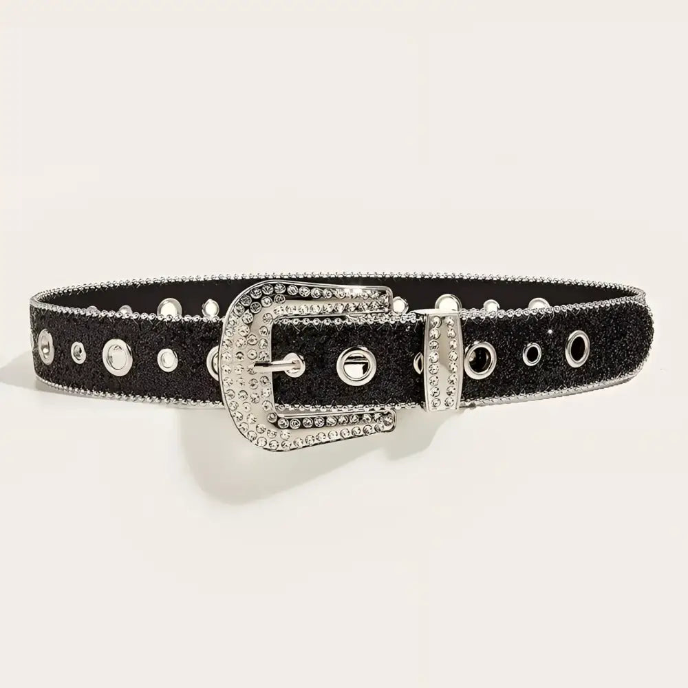 Black glitter belt with rhinestone buckle from Briella Sequin Western for elegant style