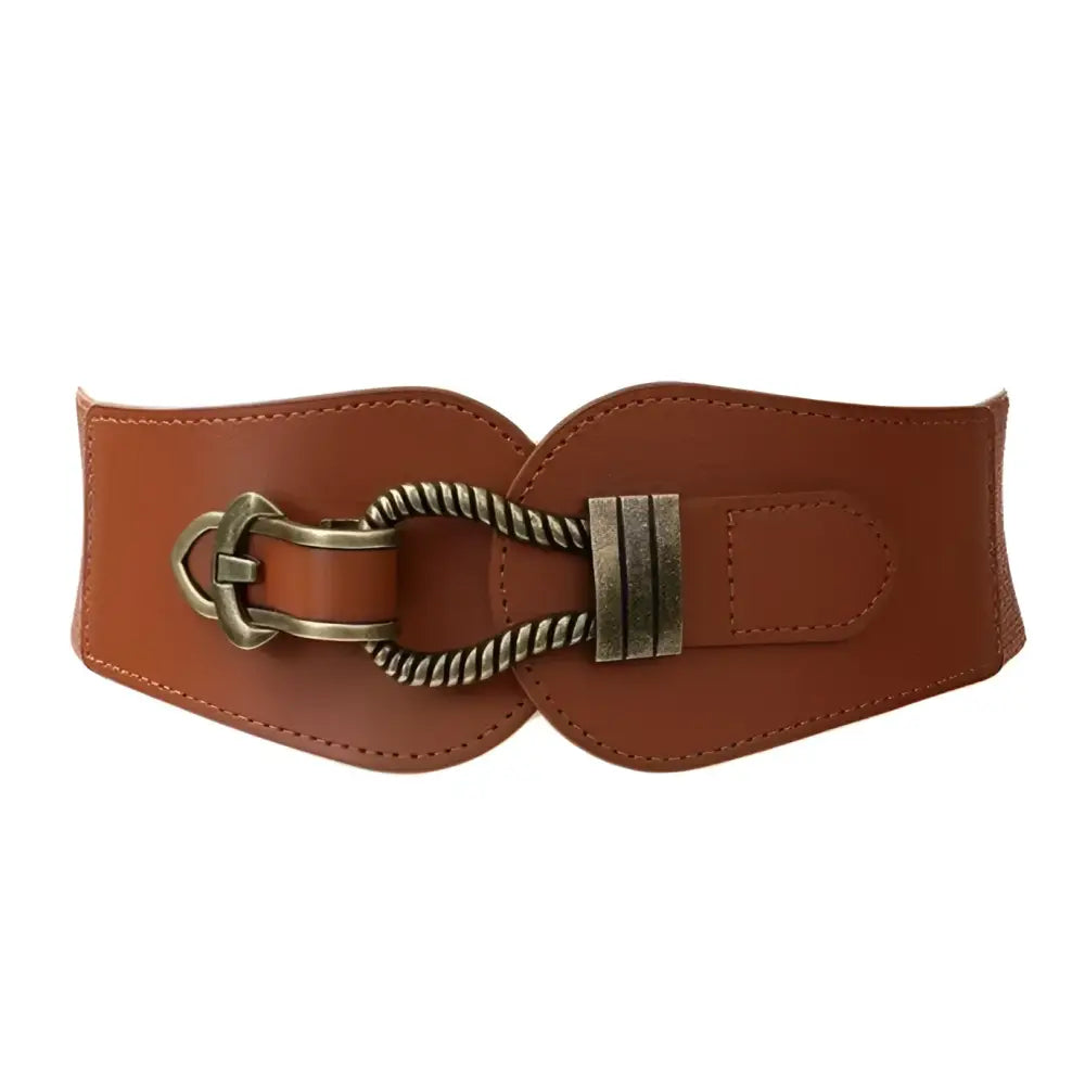 Brown elastic and leather waist belt with metal buckle for stylish men’s fashion
